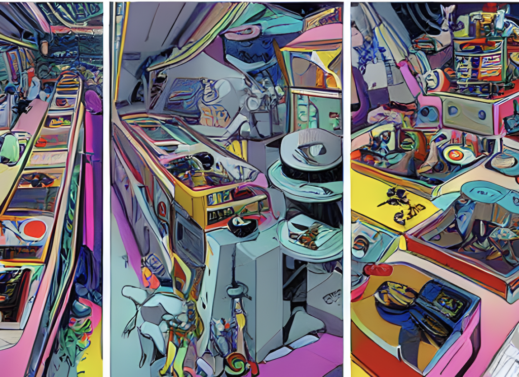 A comic-like drawing of a futuristic music shop