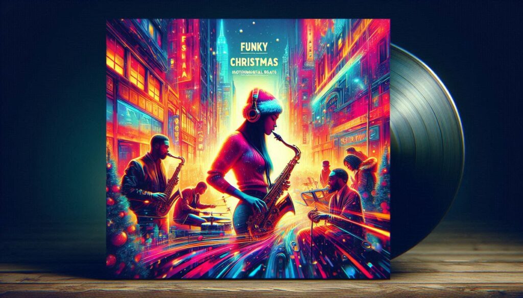 Jingle and Flow Album Cover, a vinyl standing on the table with a picture of a girl wearing Santa's hat and playing saxophone on a busy street