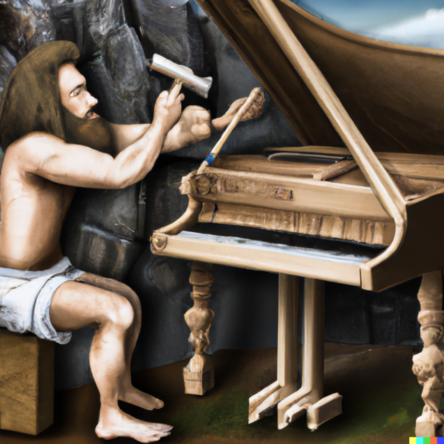 Caveman building a piano with a hammer painting