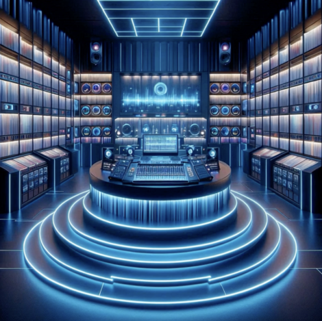 futuristic music library with console in the middle of the room and screen in front, and many speakers