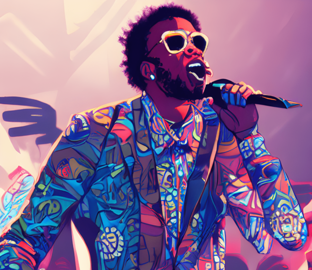 Drawing of a man singing into the microphone, wearing very colorful clothes and yellow glasses.